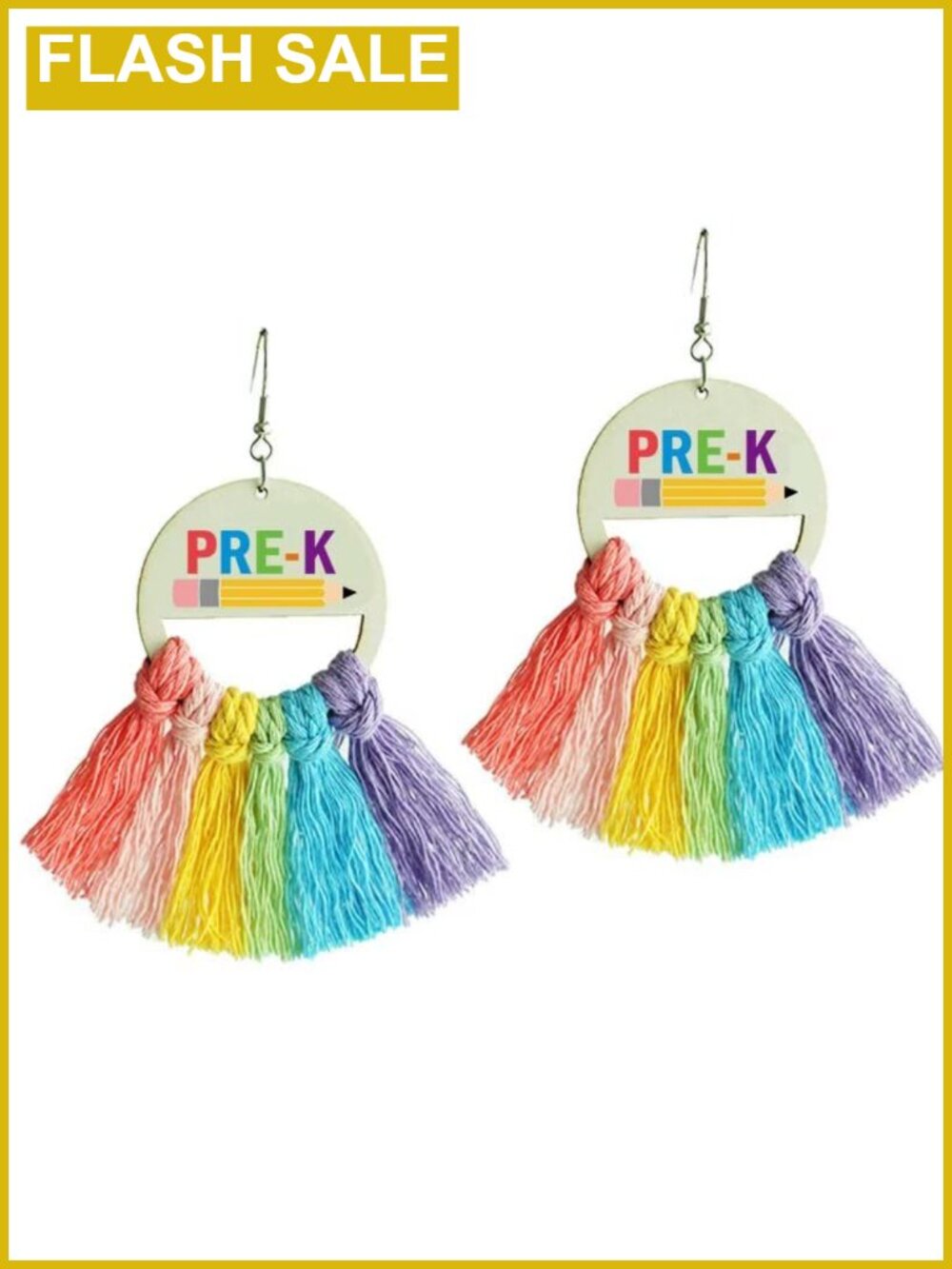 Wooden Dangle Earrings Teacher Rainbow Tassel French Wire